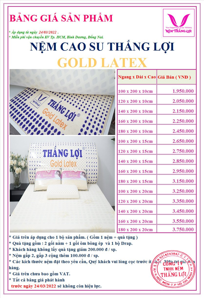 Bảng giá sản phẩm Nệm Cao Su Gold Latex